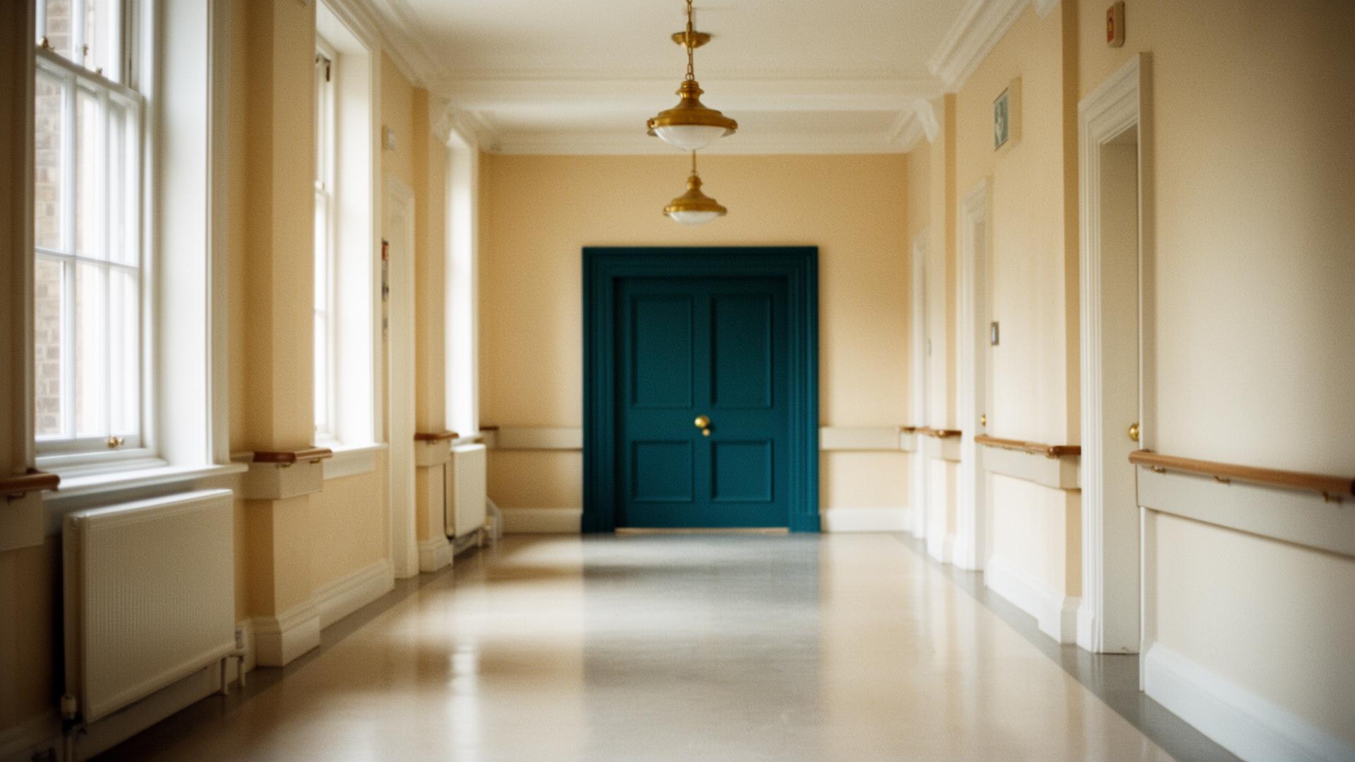 A quiet historic British hospital corridor with a deep teal door at the end