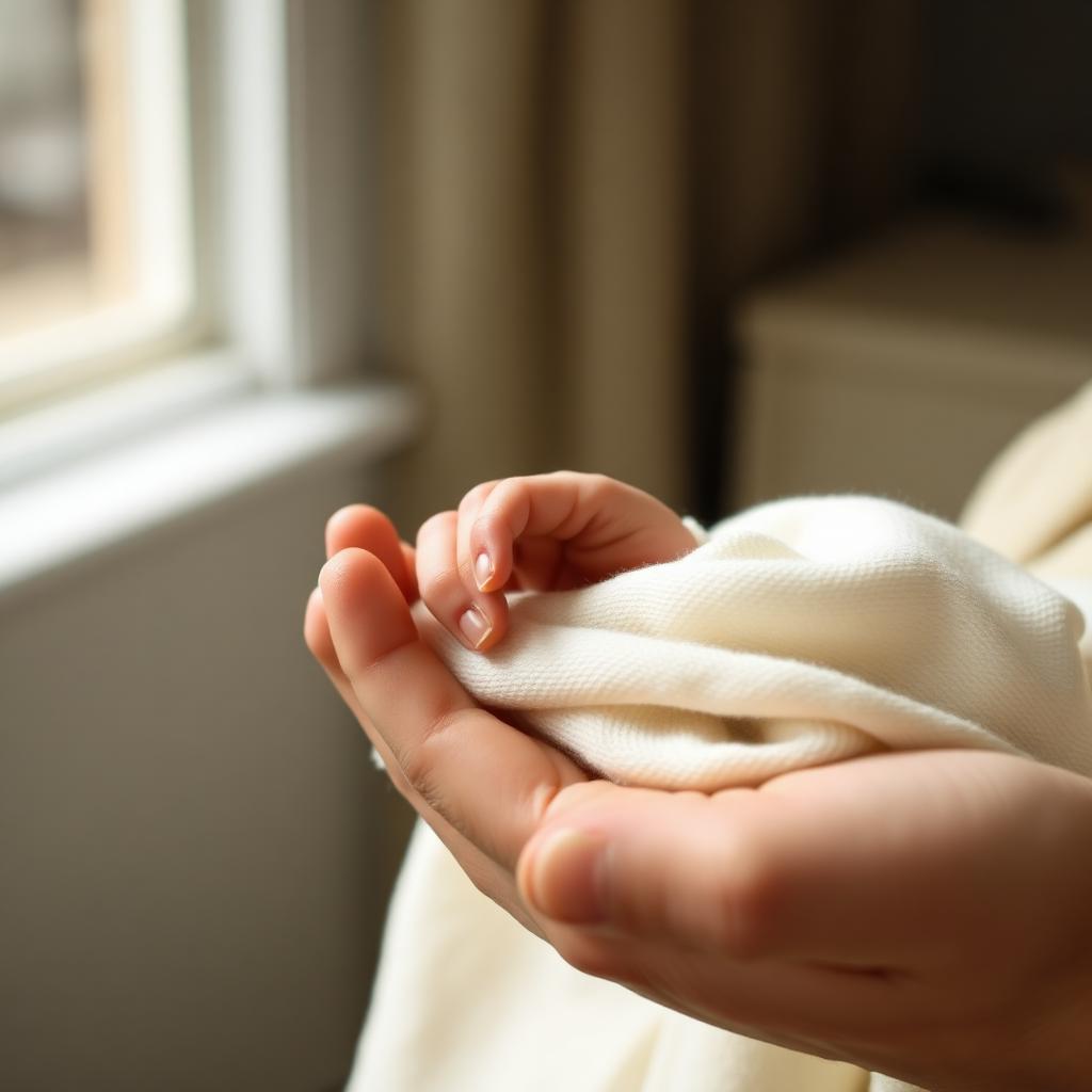 A newborn's hand held gently by an adult, soft window light