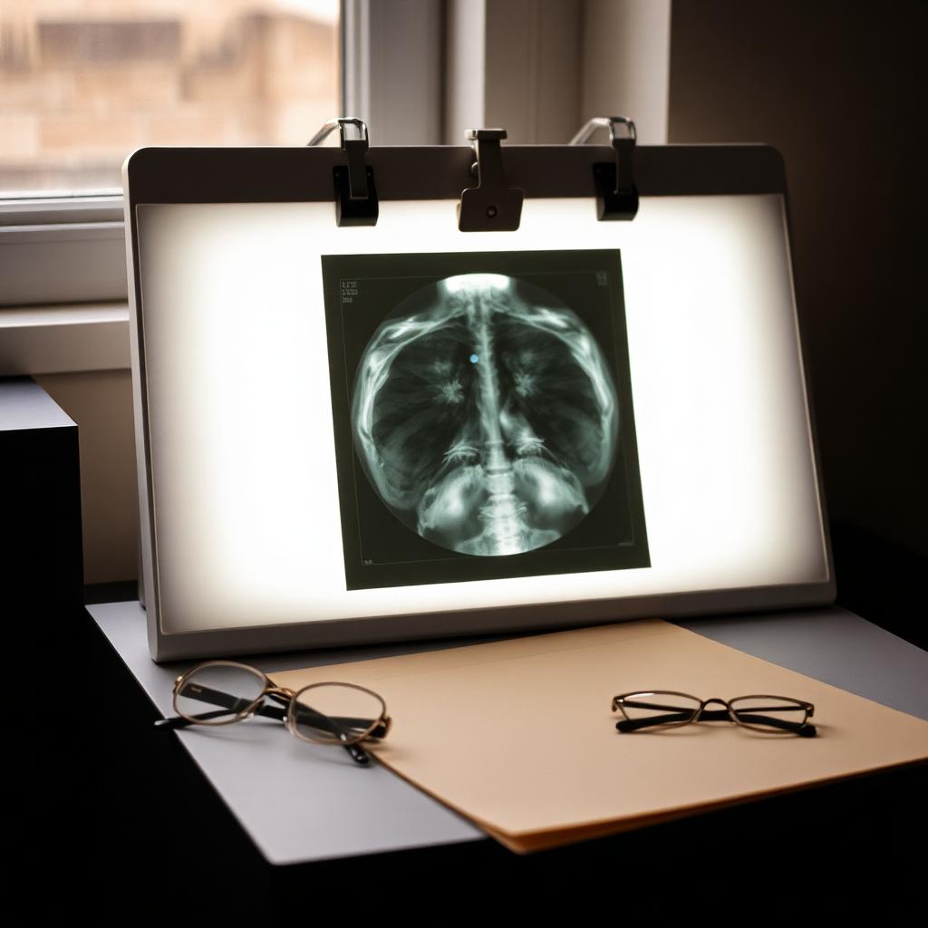 Backlit X-ray on a light box beside a patient folder and reading glasses