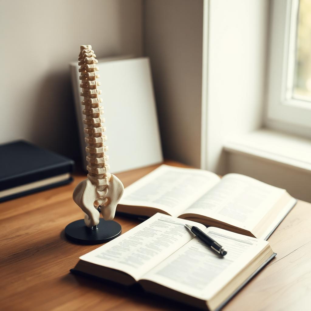 Anatomical spine model on a wooden desk with an open medical textbook