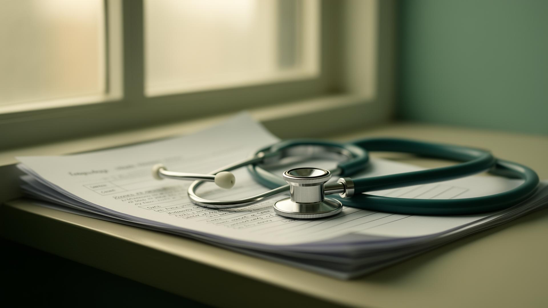 Stethoscope resting on a clinical desk
